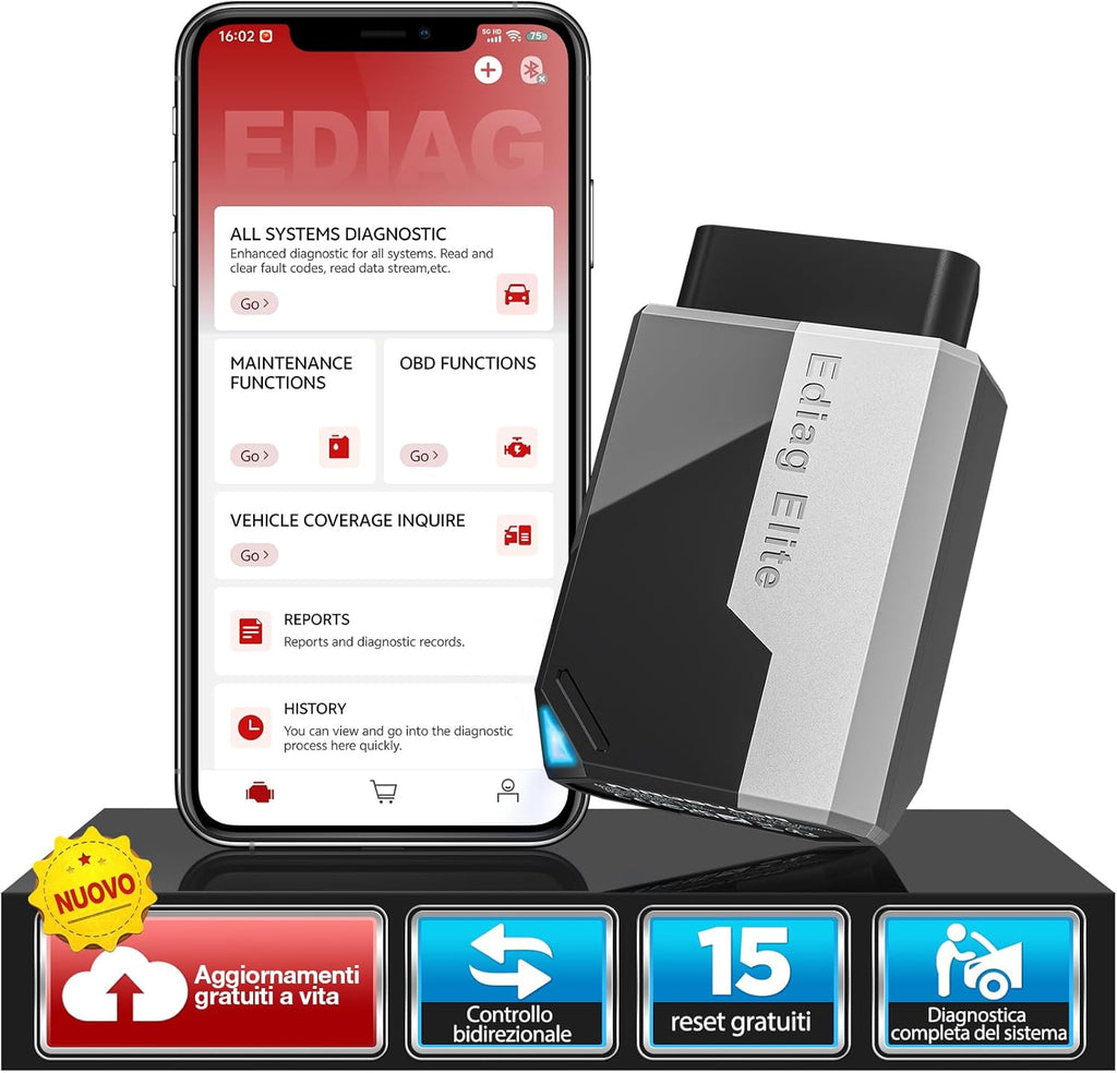 EDIAG Elite OBD2 Auto Diagnostica, Bluetooth Diagnosi Auto Professionale in Italiano per Ios E Android, per Sistema Completo, 15+ Servizi Di Reset, Test Attivo, Aggiornamento Gratuito a Vita