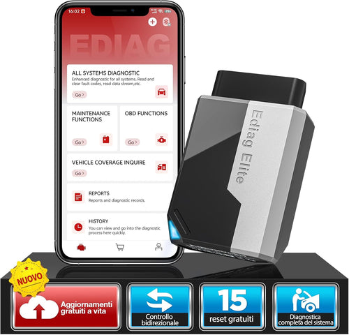 EDIAG Elite OBD2 Auto Diagnostica, Bluetooth Diagnosi Auto Professionale in Italiano per Ios E Android, per Sistema Completo, 15+ Servizi Di Reset, Test Attivo, Aggiornamento Gratuito a Vita