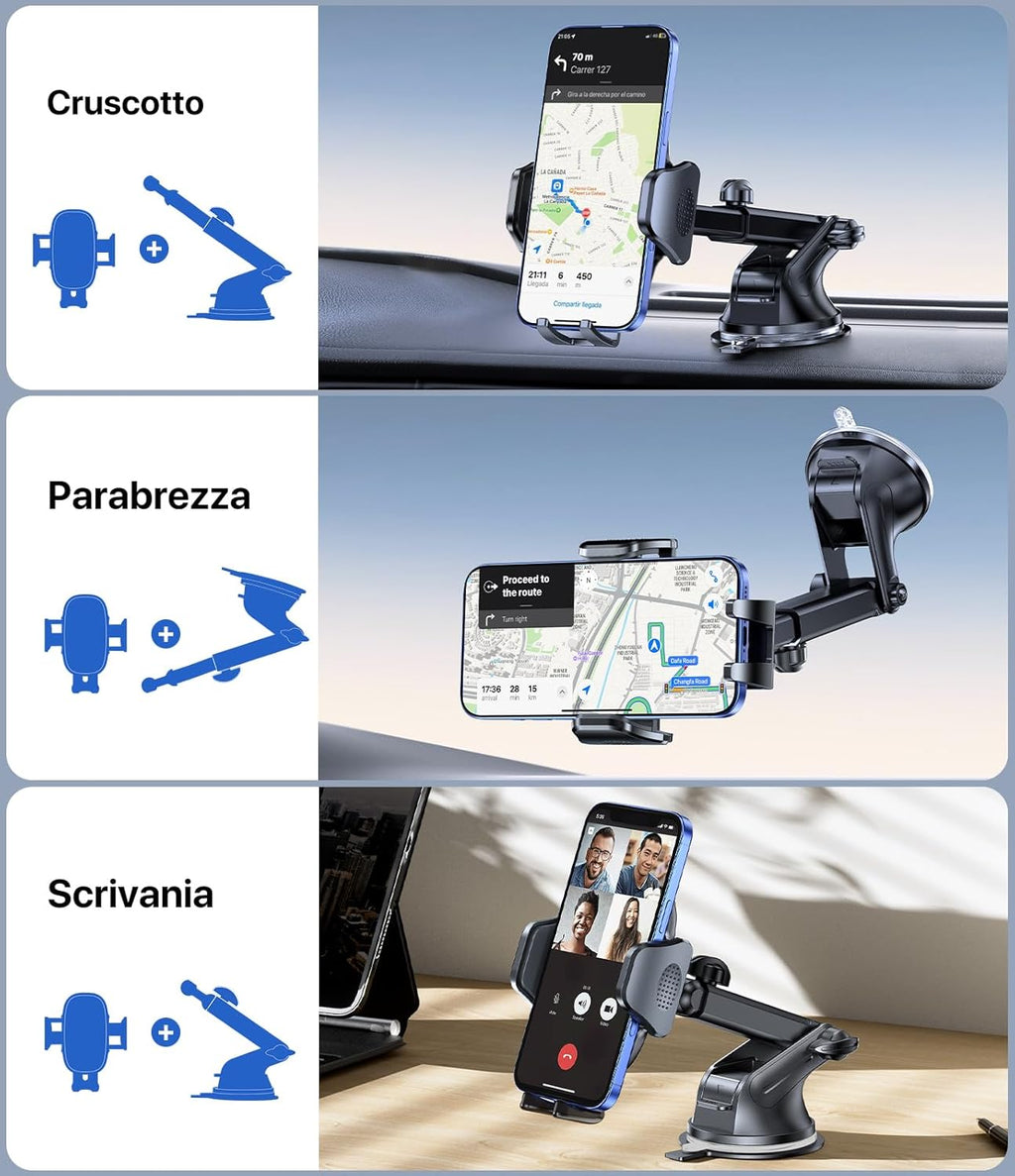 Porta Cellulare Auto [2025 Ventosa Potente] Supporto Telefono Auto 360° Rotazione Porta Telefono Auto per Cruscotto & Parabrezza Universale Automobile Adatto Smartphone Da 4-7.2"