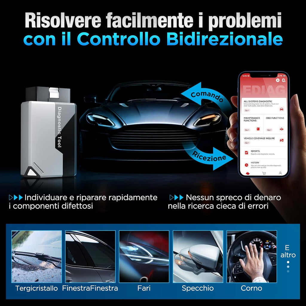 EDIAG Elite OBD2 Auto Diagnostica, Bluetooth Diagnosi Auto Professionale in Italiano per Ios E Android, per Sistema Completo, 15+ Servizi Di Reset, Test Attivo, Aggiornamento Gratuito a Vita