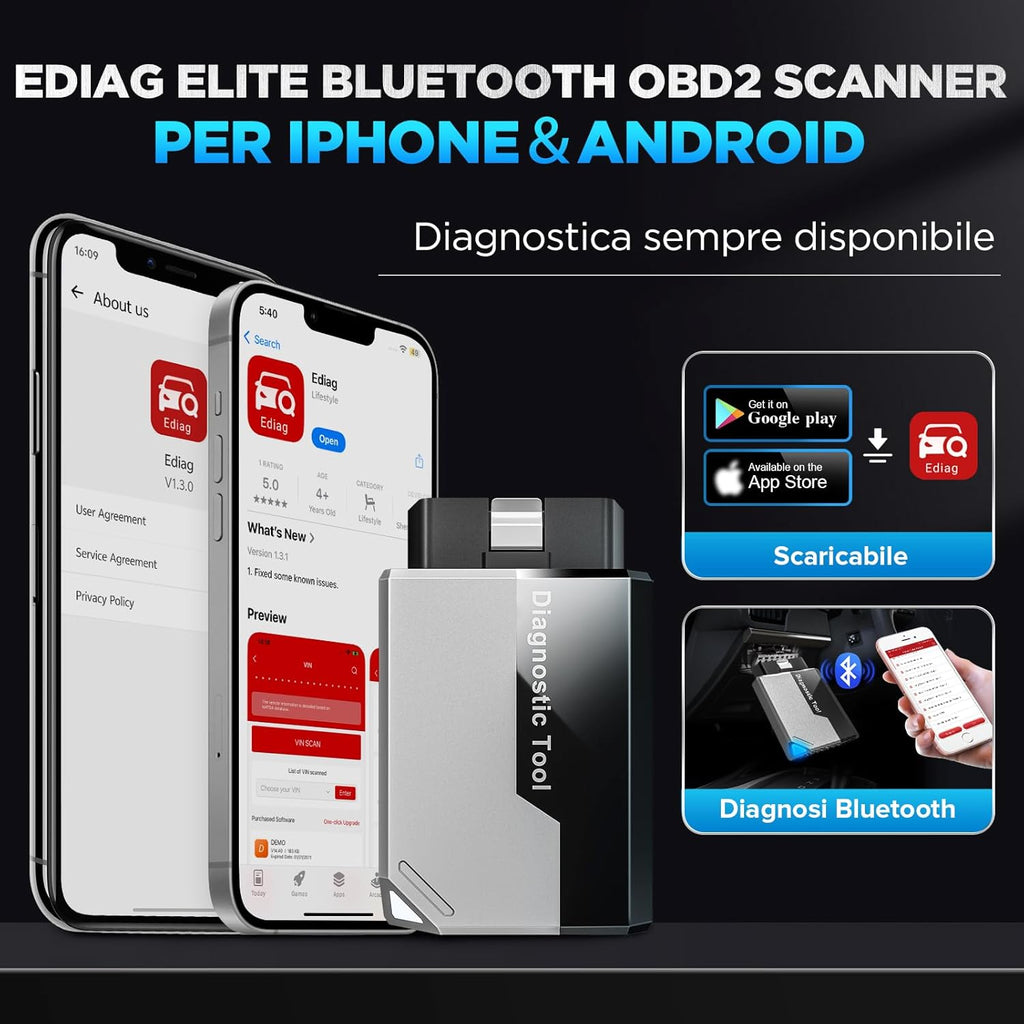 EDIAG Elite OBD2 Auto Diagnostica, Bluetooth Diagnosi Auto Professionale in Italiano per Ios E Android, per Sistema Completo, 15+ Servizi Di Reset, Test Attivo, Aggiornamento Gratuito a Vita